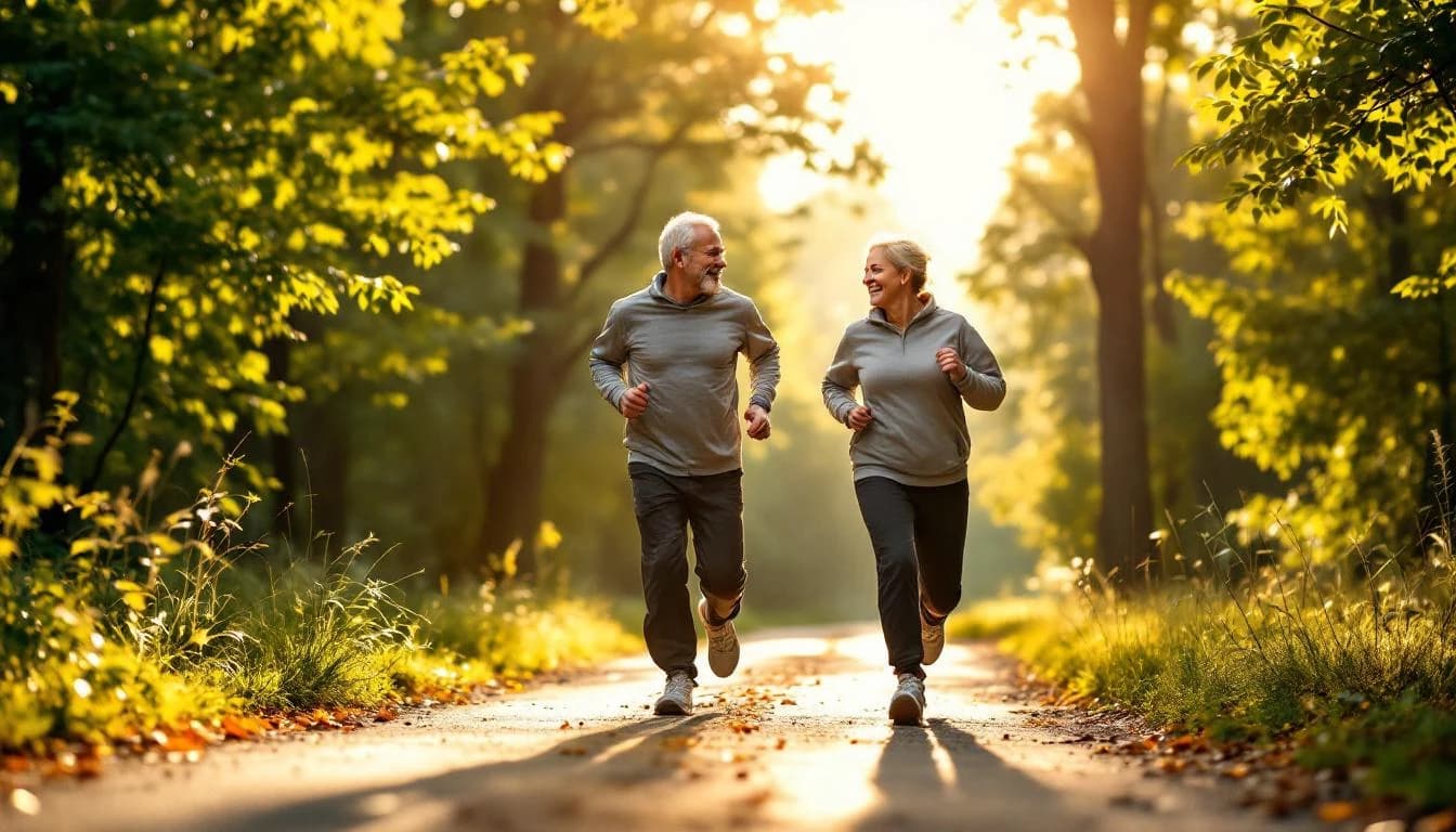 Mann und Frau joggen gemeinsam auf einem sonnigen Waldweg — aktiv und gesund altern